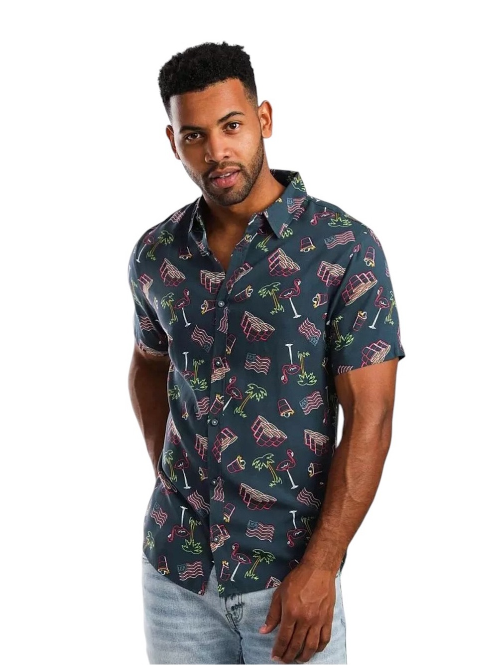 Buckle Men’s Departwest Summer Graphic Button Down Shirt Blue Multi Size M